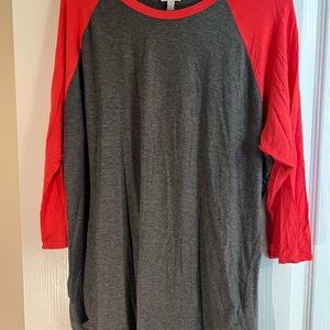 LuLaRoe Charcoal Gray Raglan Top with Bright Red Sleeves